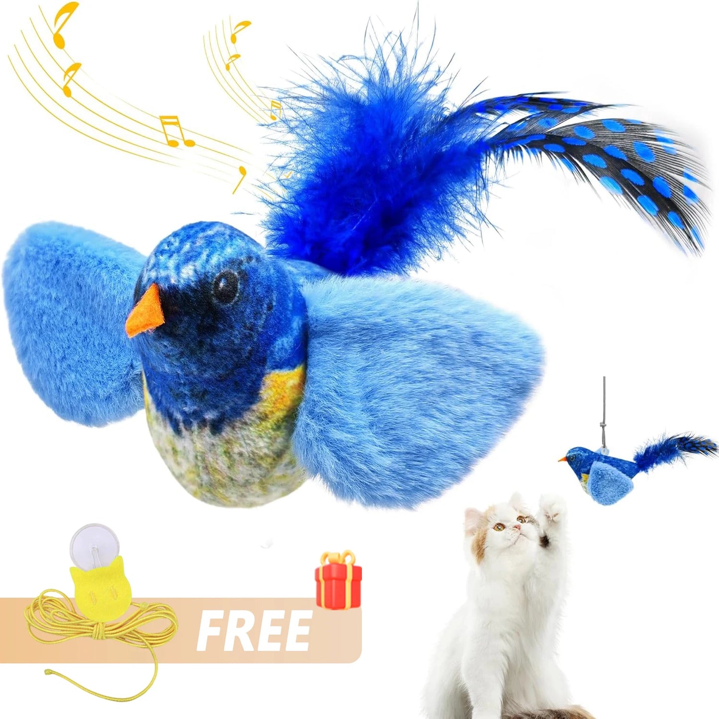 Katzenspielzeug Vogel aus Plüsch mit Seil in Blau