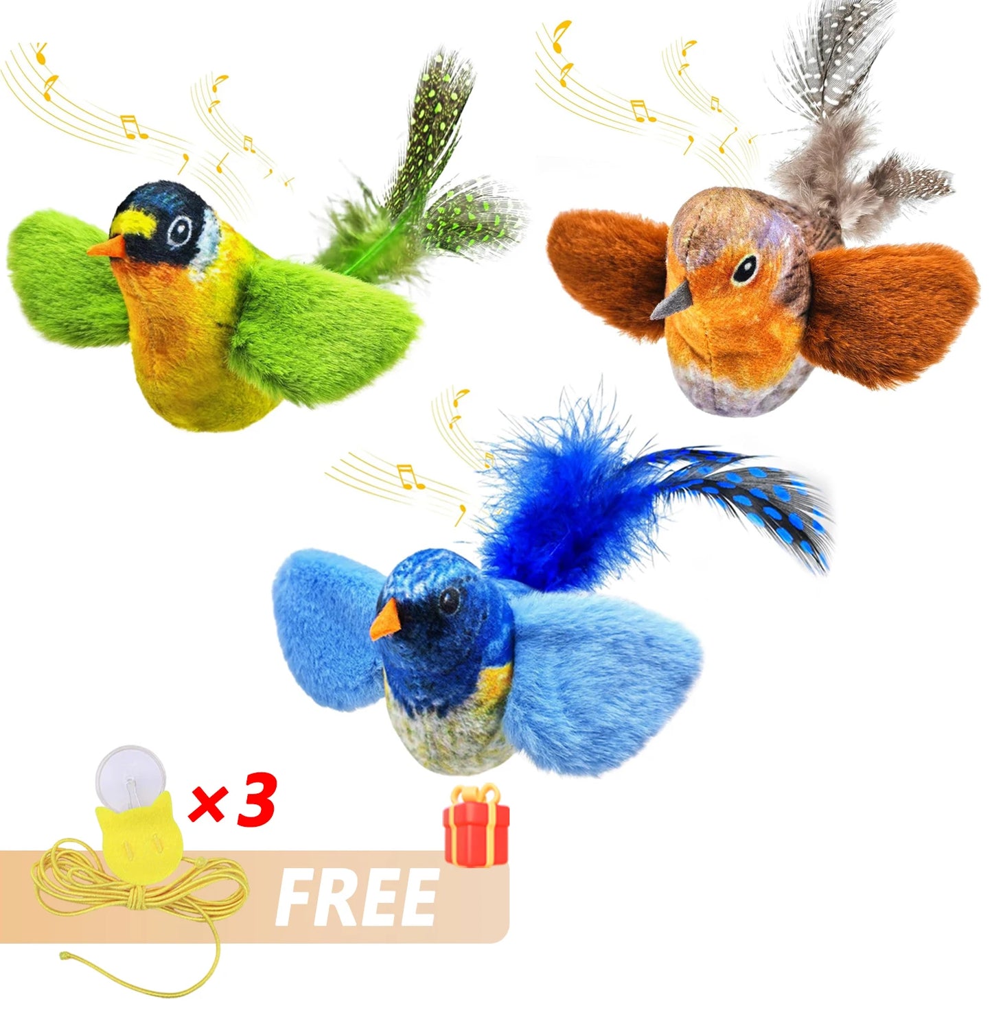 Set aus 3 farbigen Vogelspielzeugen