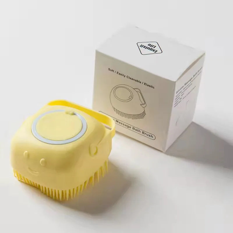 Silikon-Badebürste mit Shampoo-Spender in Gelb für Haustiere