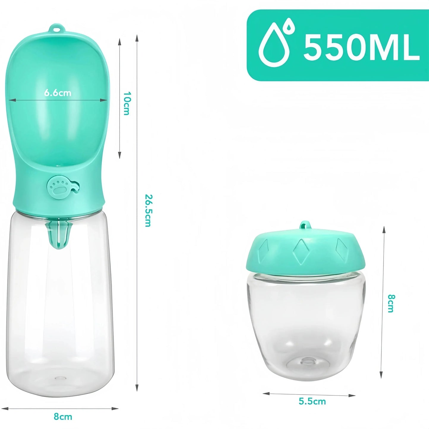 kompakte Hundewasserflasche mit Futterfach Größenangabe