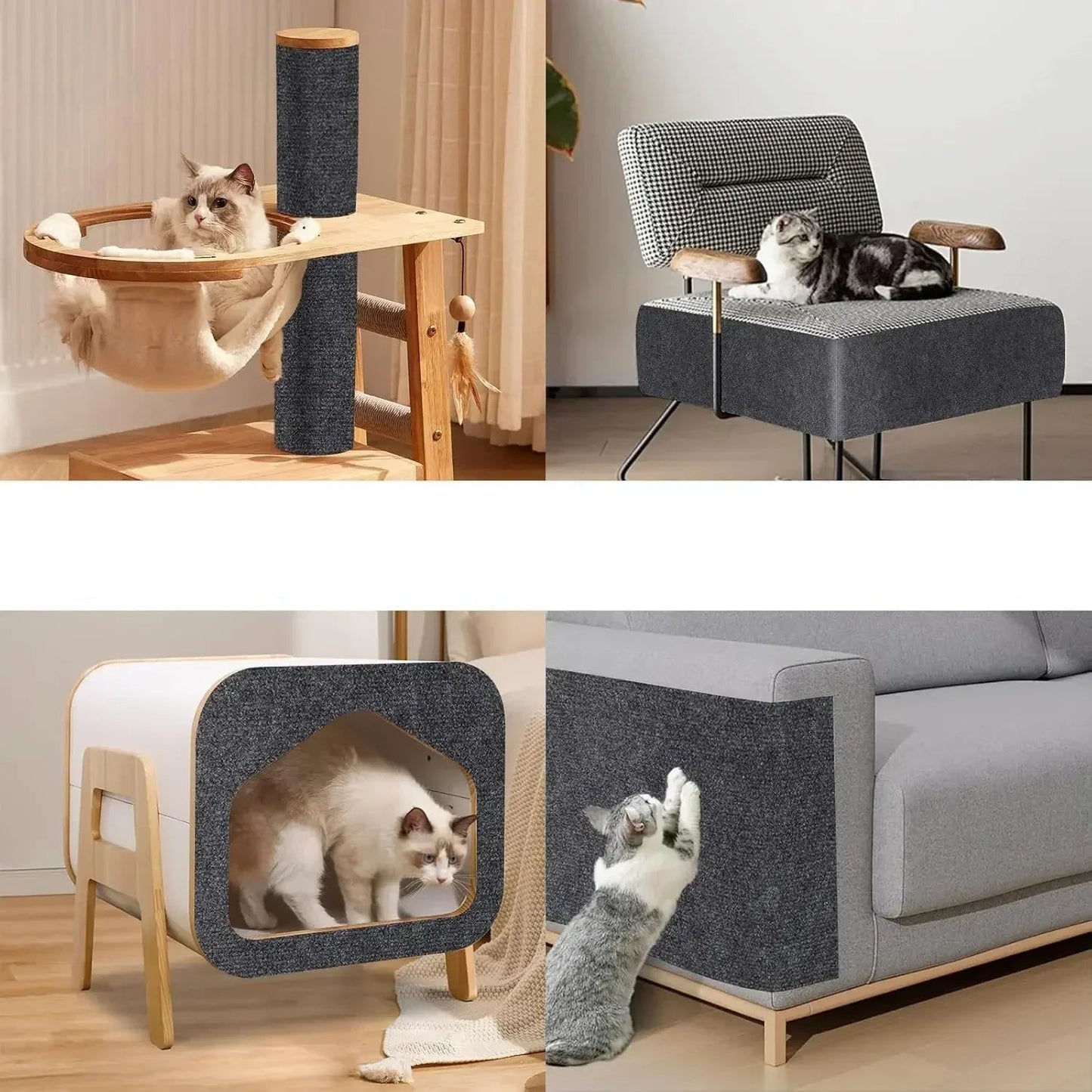 Kratzmatte für Katze auf Möbel befestigt mit Katze daneben