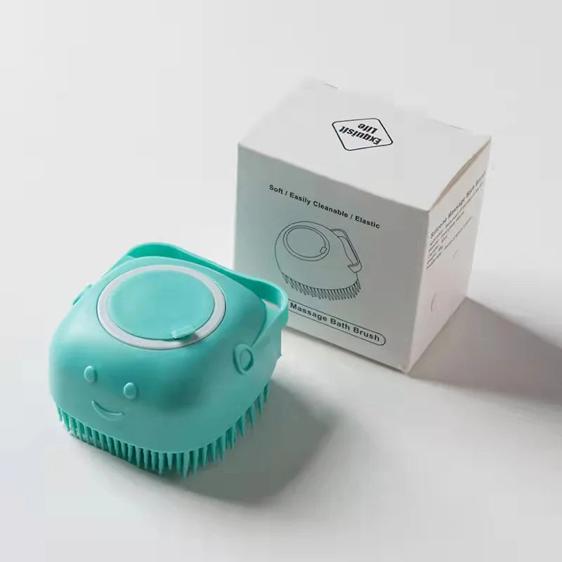 Silikon-Badebürste mit Shampoo-Spender in Blau für Haustiere