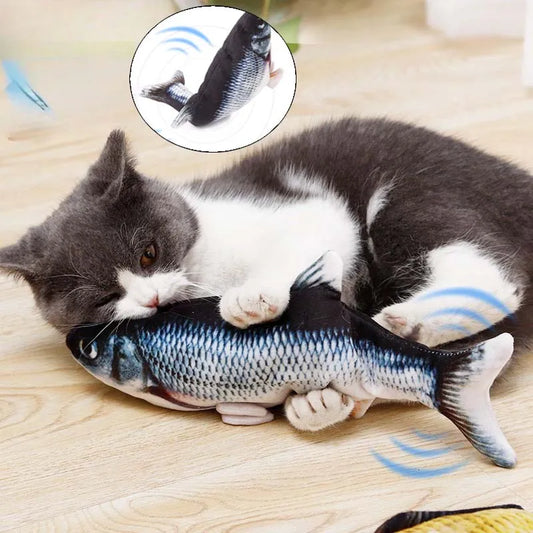 Katze beißt auf das Floppy-Fischspielzeug